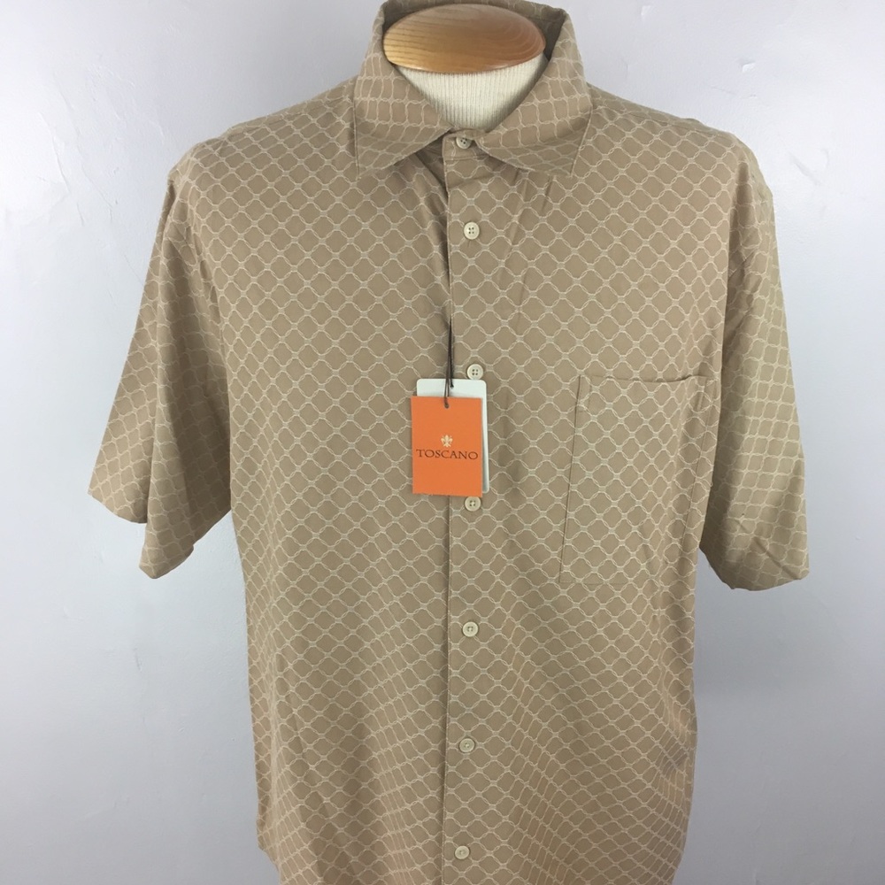 Toscano sport shirt silk cotton taupe beige short sleeves luxury summer pocket